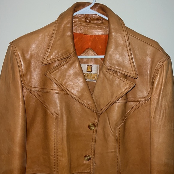 70s Men’s Bermans Burnt Orange Leather jacket size 42 - Picture 2 of 8